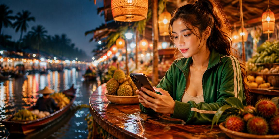 Người chơi tại chợ đêm Mekong tham gia trò chơi bài trực tuyến trên điện thoại